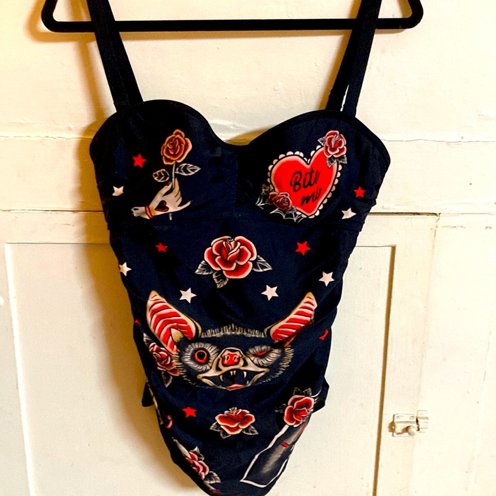 Black Women's Swimwear with Red and White Accents